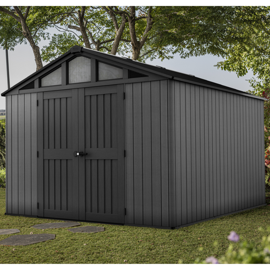 Stronghold 10x11.5ft Premium Outdoor Storage Shed – 3m x 3.5m Grey Resin Garden Shed | ASCAPA
