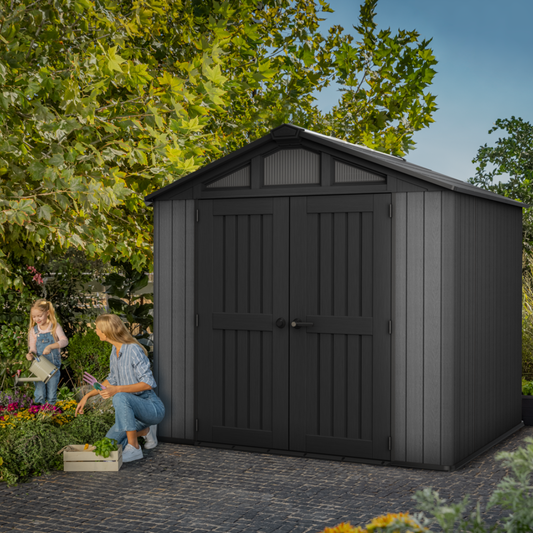 Stronghold 8x8ft Premium Outdoor Storage Shed – 2.5m x 2.3m Grey Resin Garden Shed | ASCAPA