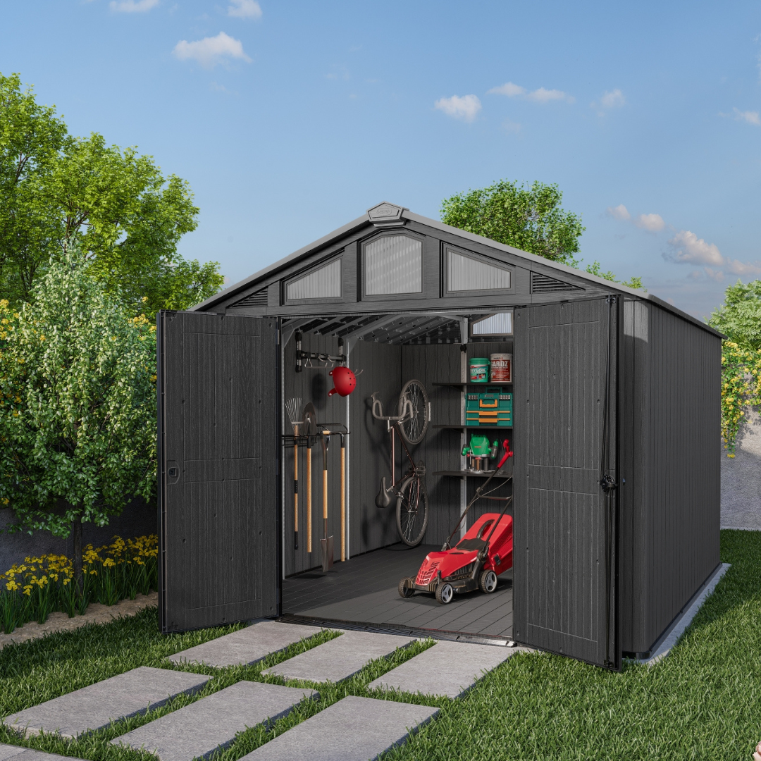 Stronghold 10x11.5ft Premium Outdoor Storage Shed – 3m x 3.5m Grey Resin Garden Shed