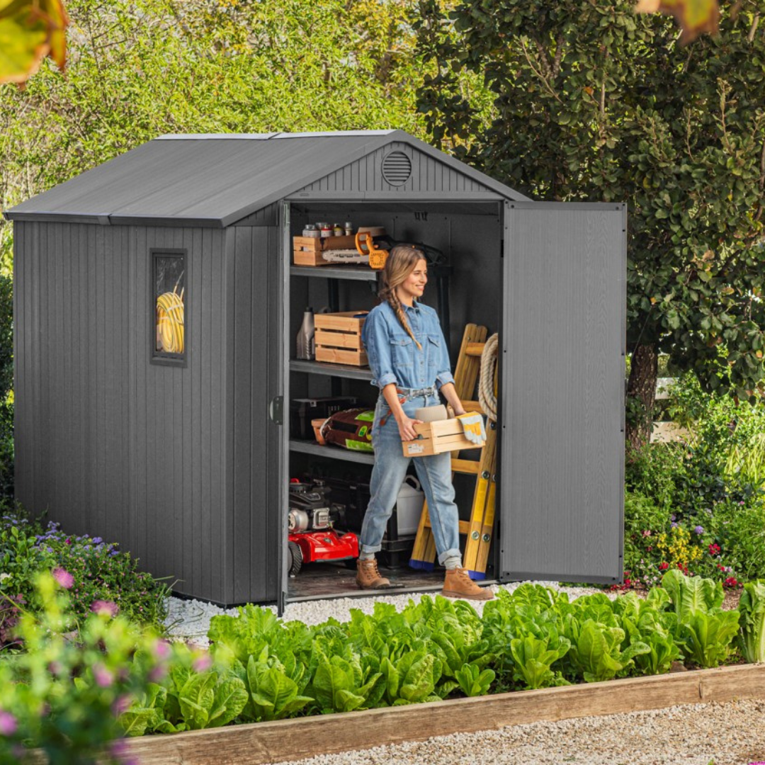 Darwin 6x8ft Premium Outdoor Garden Shed – 1.9m x 2.4m Grey Resin Storage Shed