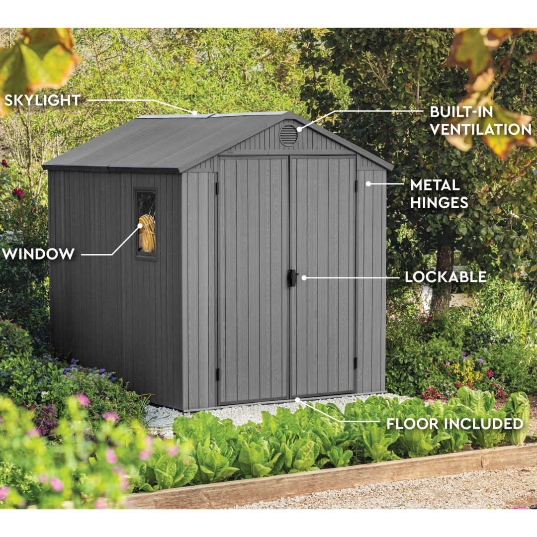 Darwin 6x8ft Premium Outdoor Garden Shed – 1.9m x 2.4m Grey Resin Storage Shed
