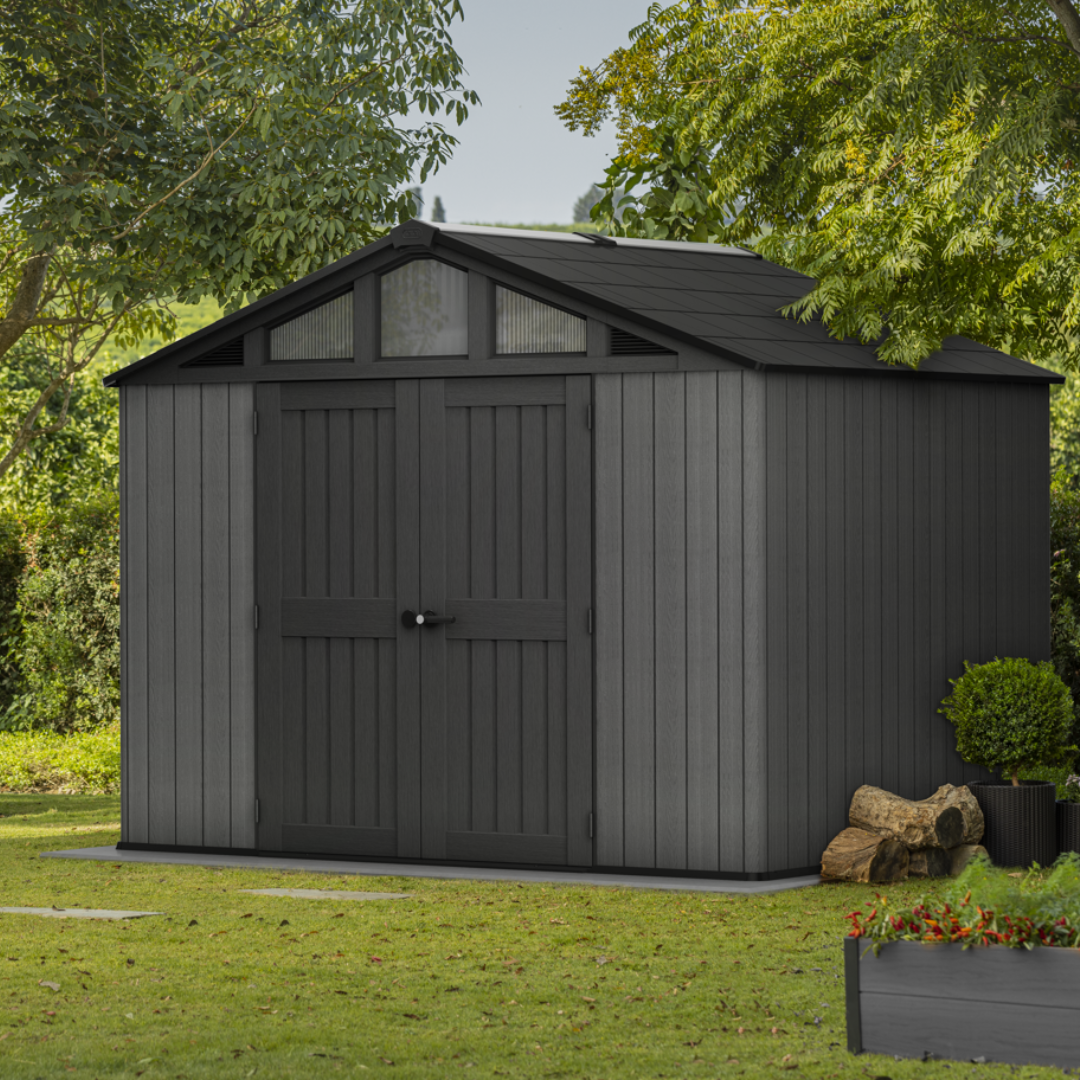 Stronghold 10x8ft Premium Outdoor Storage Shed – 3m x 2.4m Grey Resin Garden Shed