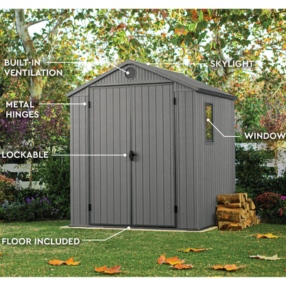 Darwin 6x6ft Premium Outdoor Garden Shed – 1.9m x 1.8m Grey Resin Storage Shed